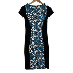 Marc Cain Dress Womens N1 USA 4 Black Blue Tricot‎ Short Sleeve Sheath Illusion